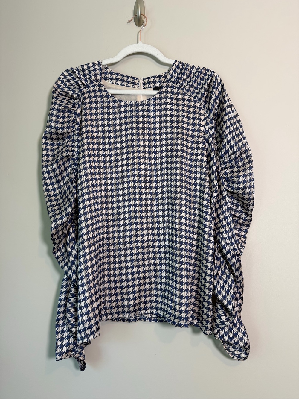Birgitte Herskind Puff Blouse Navy Pepita Houndstooth Ruched Sleeve Top Sz 38/6